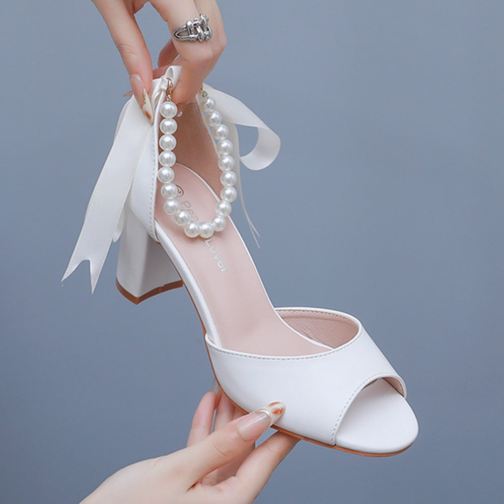 Fish Mouth One Strap Thick Heels Wedding Shoes with Pearls and Ribbons