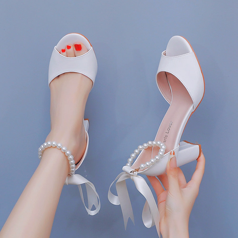 Fish Mouth One Strap Thick Heels Wedding Shoes with Pearls and Ribbons