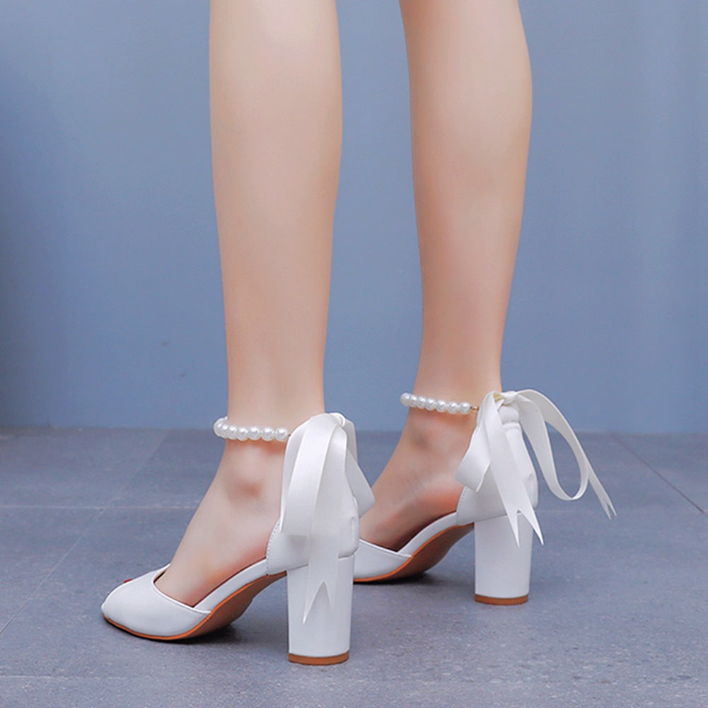 Fish Mouth One Strap Thick Heels Wedding Shoes with Pearls and Ribbons