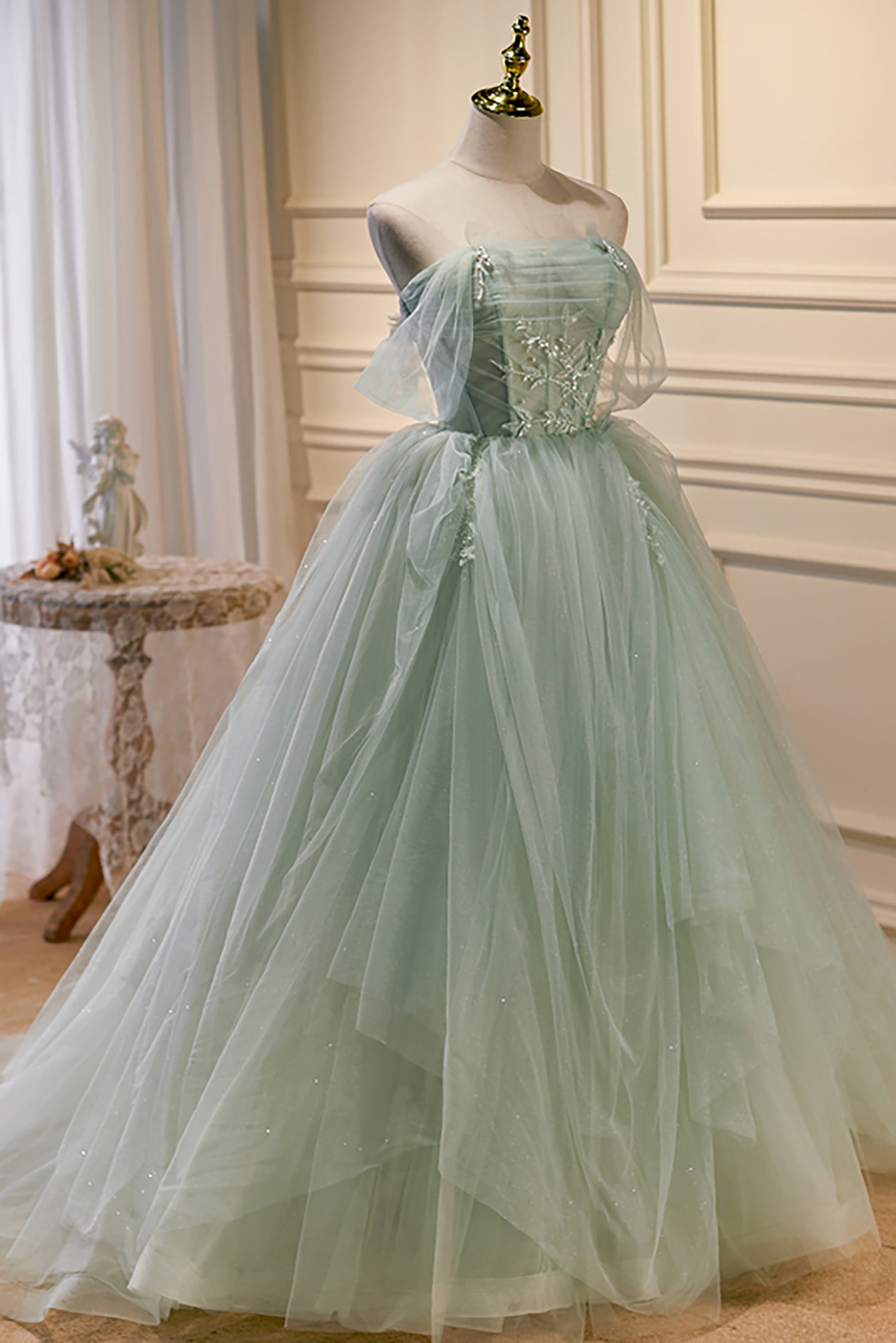 Light Green Off-the-shoulder Tulle Long Prom Dress LJ0566