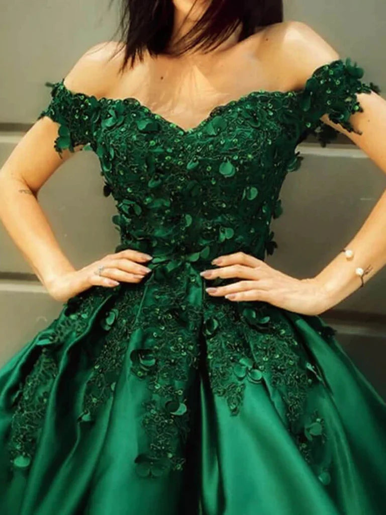 Off-the-shoulder Green Satin Homecoming Dresses N346