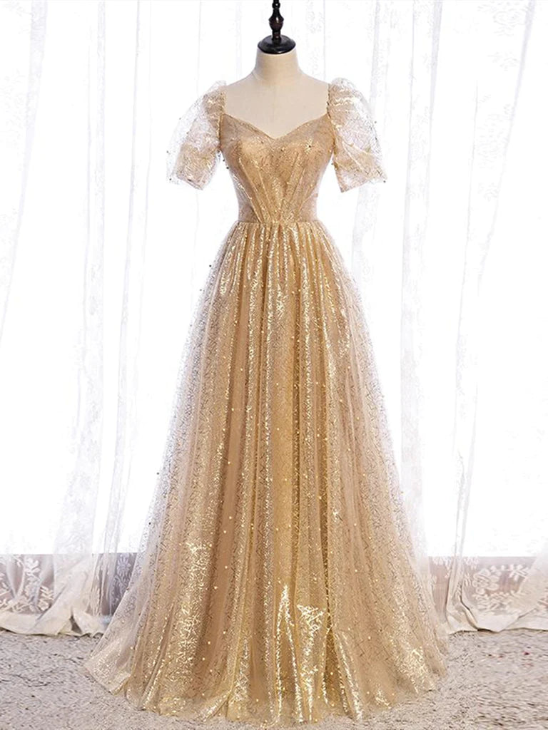 Short Sleeves Gold Tulle Long Prom Dresses N339