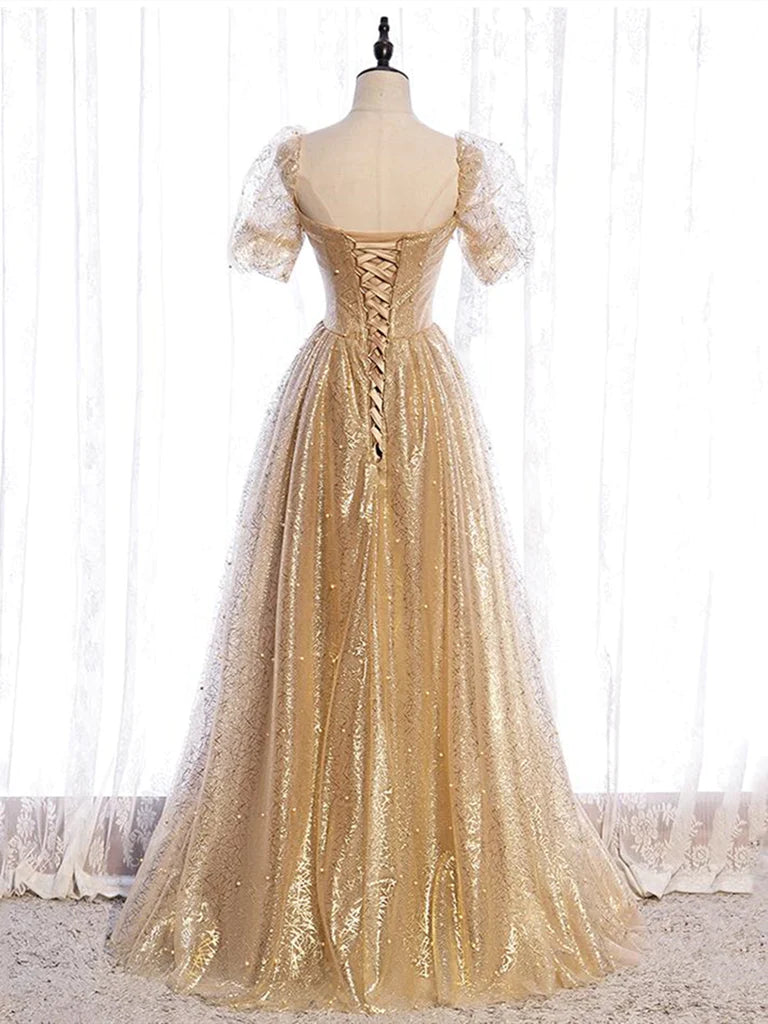 Short Sleeves Gold Tulle Long Prom Dresses N339