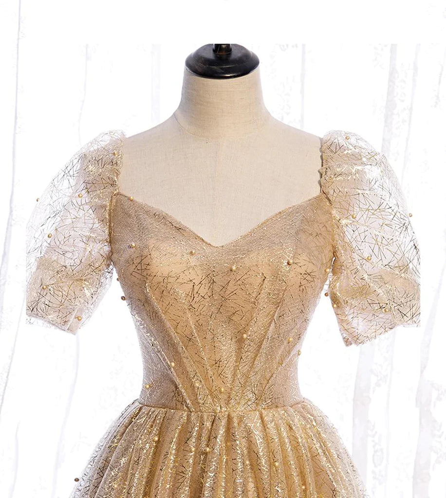 Short Sleeves Gold Tulle Long Prom Dresses N339