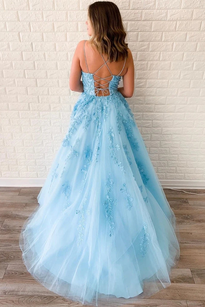 A Line Sky Blue Lace Backless Long Prom Dresses with Rhinestones N2588