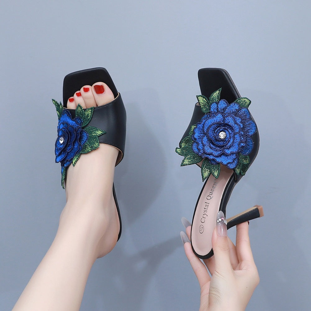 Square Toe Elegant Embroidered Flower Women's Shoes Fish Mouth Shallow Sandals