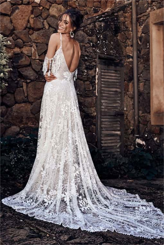 Ivory Bohemian Open Back Rustic Lace Beach Wedding Dress