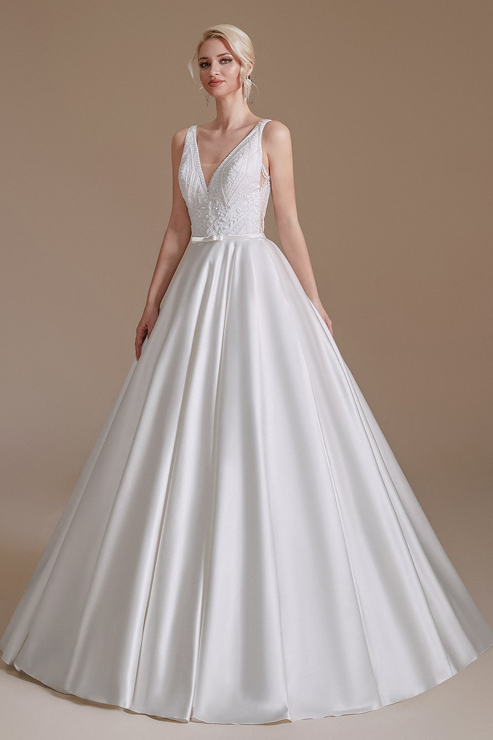 A Line Elegant Sleeveless Stain Long Length Wedding Dress