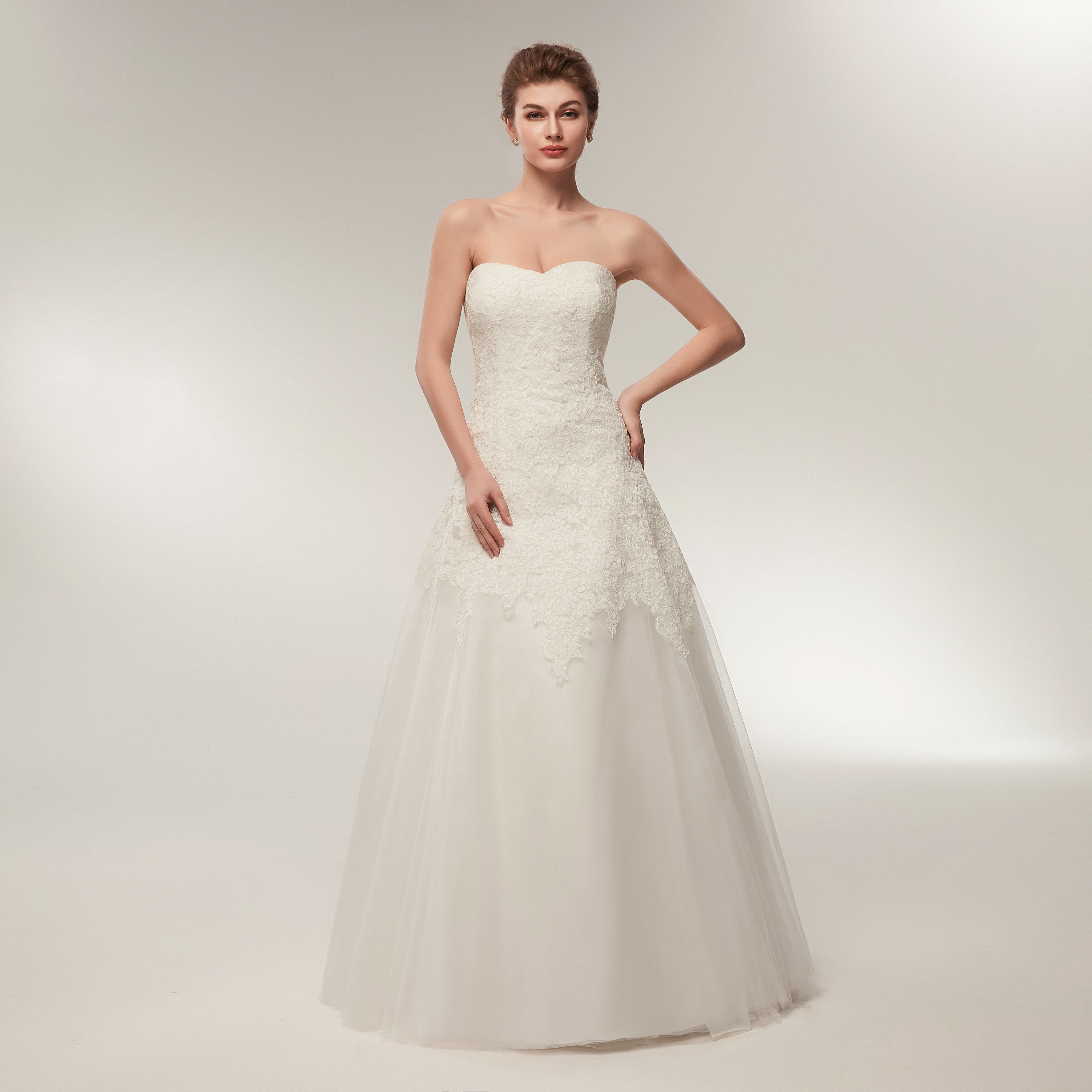 A Line Strapless Ivory Lace Floor Length Wedding Dresses WH32634