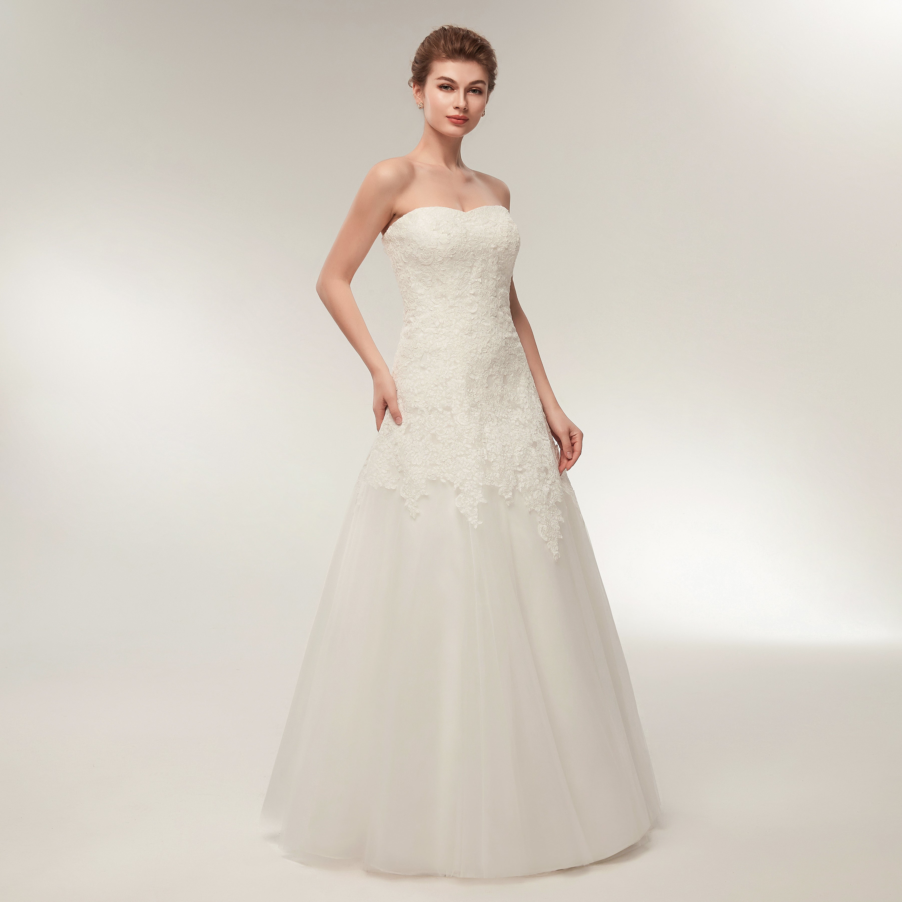 A Line Strapless Ivory Lace Floor Length Wedding Dresses WH32634