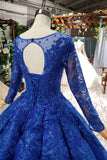 Puffy Royal Blue Long Sleeves Quince Ball Gown Prom Dresses