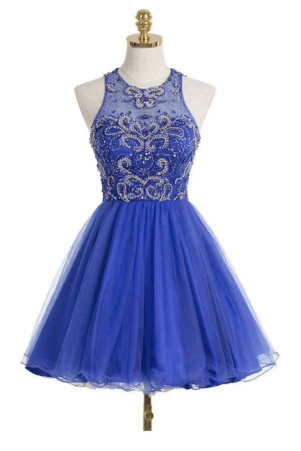 Royal Blue Organza Scoop Short Homecoming Dresses