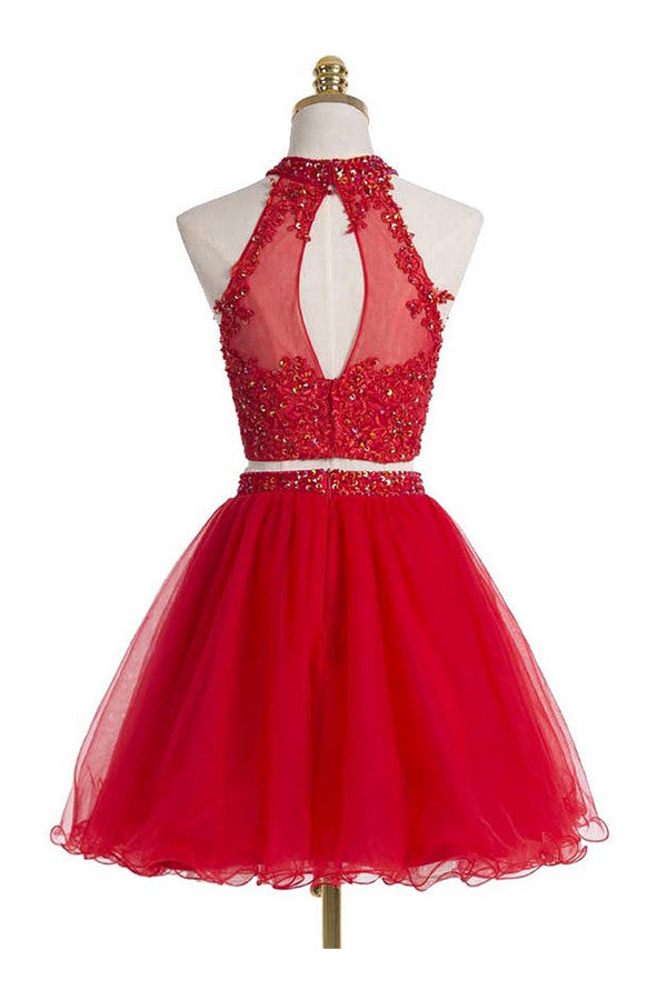 Two piece Scoop Red Beading Homecoming Dresses Prom Dresses