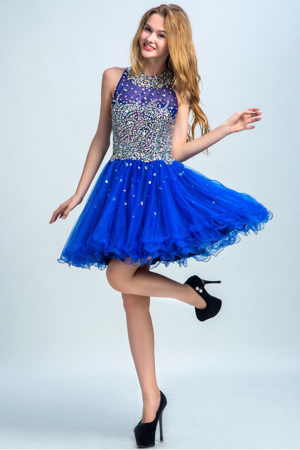 A Line Royal Blue Sleeveless Tulle Beaded Open Back Homecoming Dresses