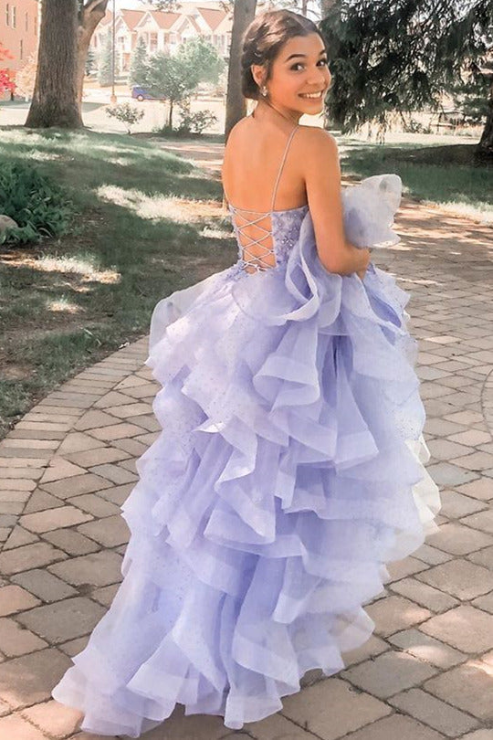 A Line Lavender Spaghetti Straps Sequins Long Prom Dress with Ruffles AH0184