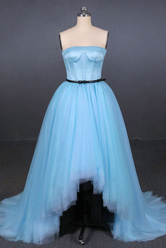 Light Blue High Low Strapless Tulle Prom Dresses, Hi-Lo Tulle Evening Dresses N2340