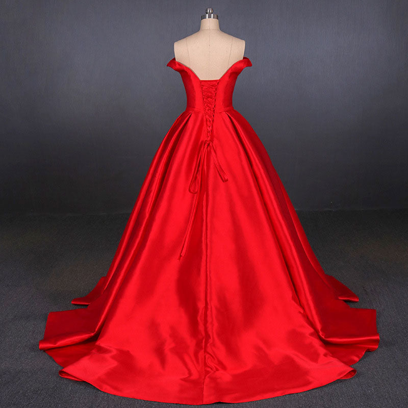 Puffy Off the Shoulder Red Satin Prom Dresses A Line Party Dresses with Belt N2342