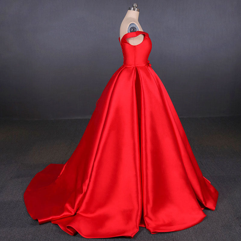 Puffy Off the Shoulder Red Satin Prom Dresses A Line Party Dresses with Belt N2342