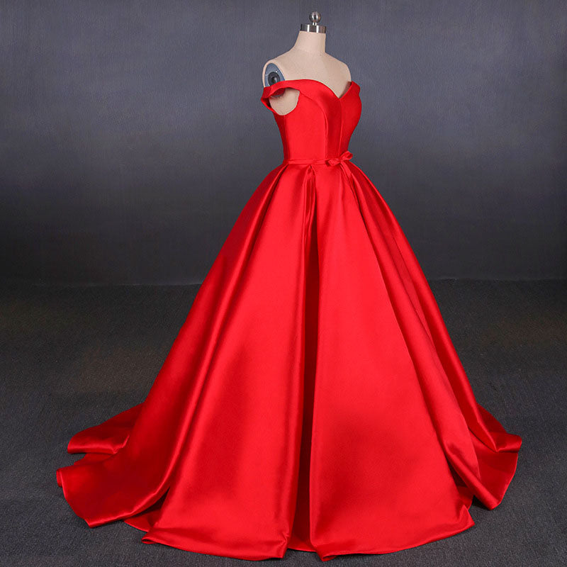 Puffy Off the Shoulder Red Satin Prom Dresses A Line Party Dresses with Belt N2342