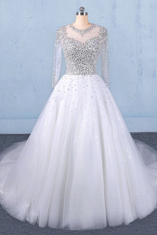 Puffy Long Sleeves Tulle White Wedding Dress, Shiny Long Bridal Dresses N2345