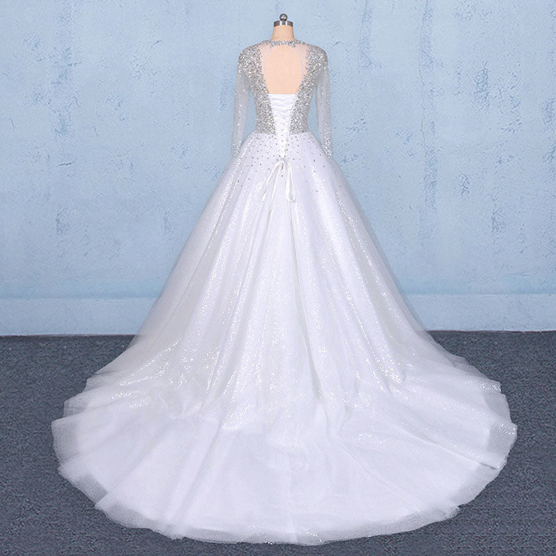 Puffy Long Sleeves Tulle White Wedding Dresses Shiny Long Bridal Dresses N2345