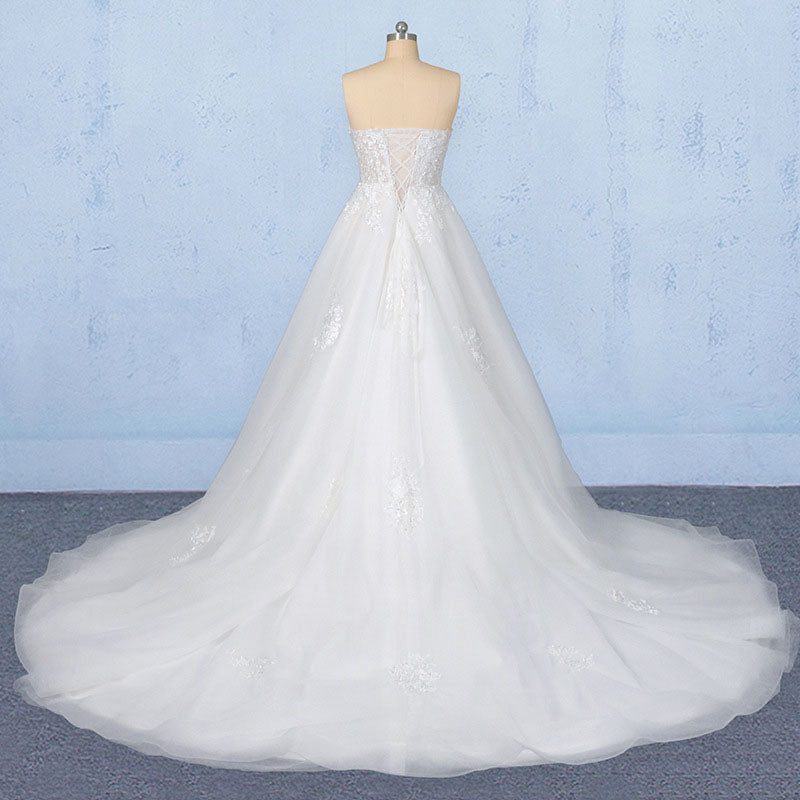 Off White Sweetheart High Low Tulle Appliques Wedding Dresses with Train N2346