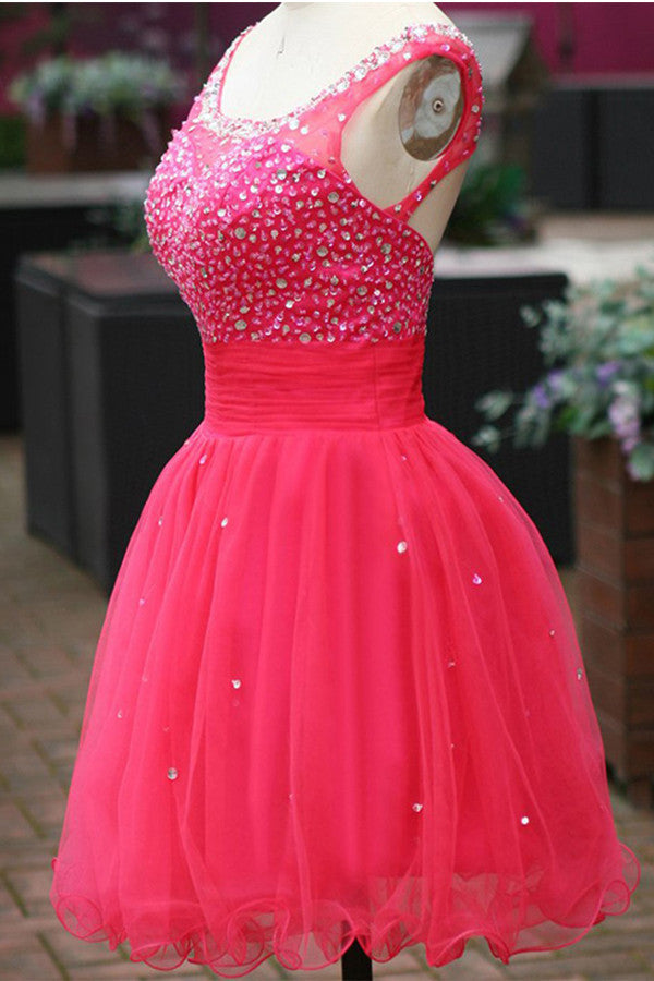 Fuchsia Tulle Beading Prom Dresses Homecoming Dresses