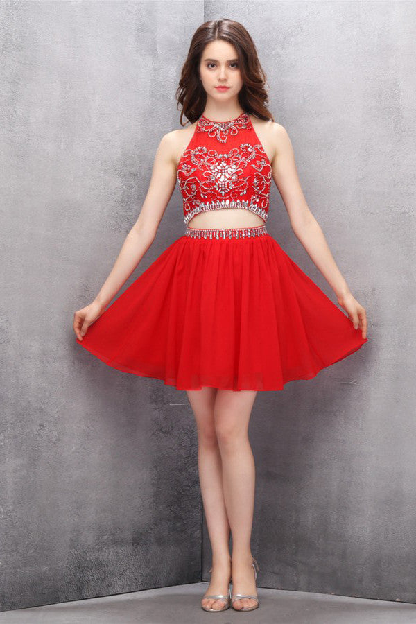 Two Piece Chiffon Red Beading Homecoming Prom Dresses ED77