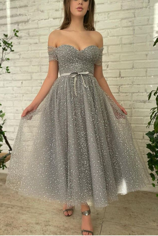 Sweet Sparkly Off the Shoulder Tulle Prom Dresses N2007 – Simibridaldresses