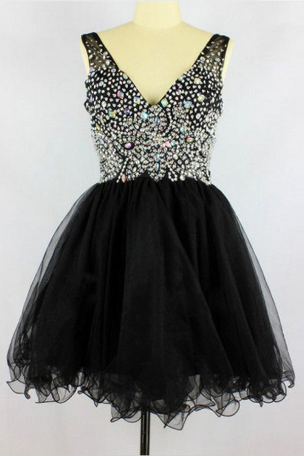 Black V-Neck Sleeveless Beading Prom Dresses Homecoming Dresses