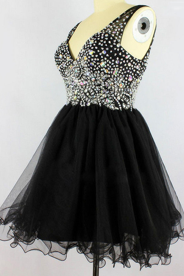 Black V-Neck Sleeveless Beading Prom Dresses Homecoming Dresses