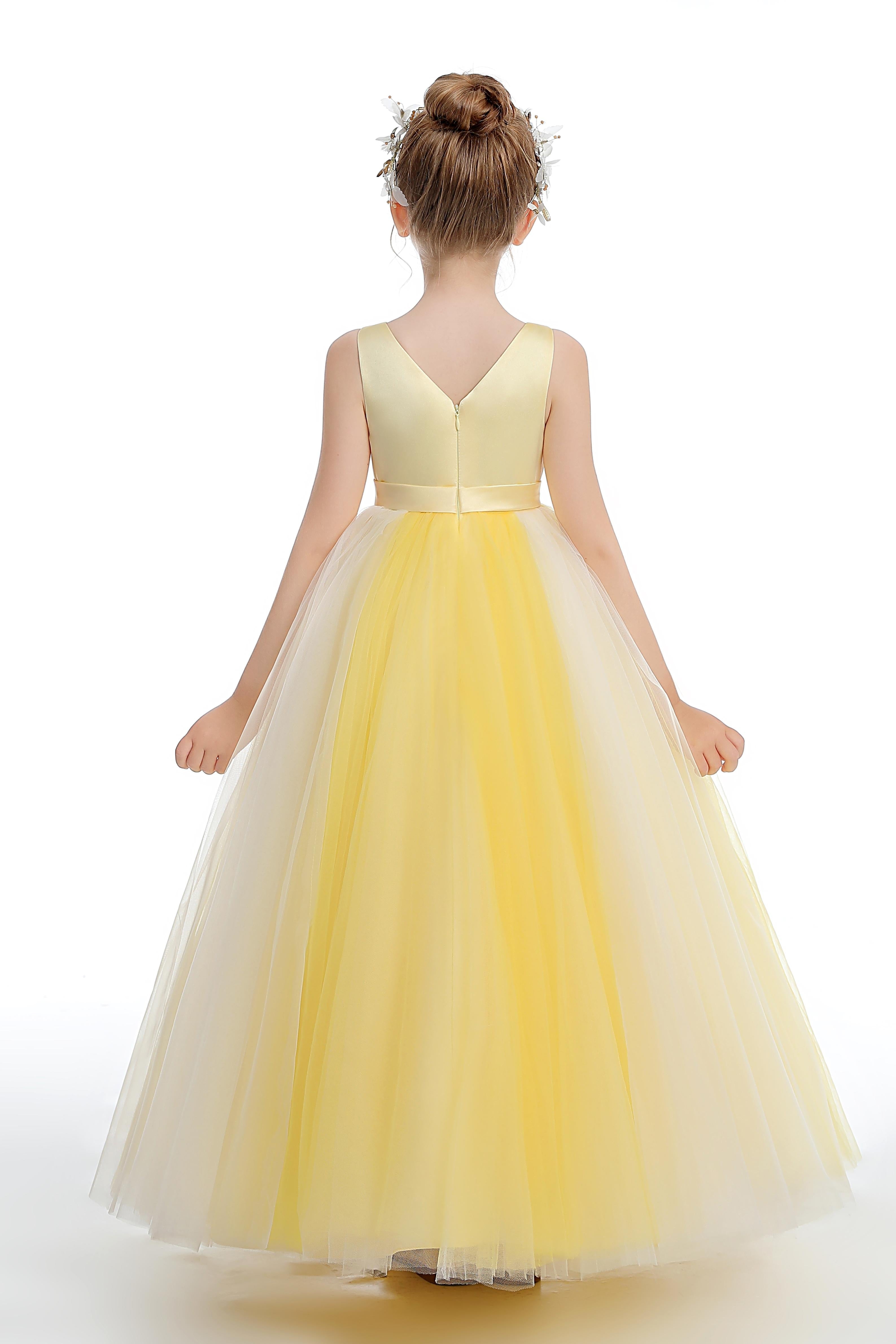 Cute Sleeveless V-Neck Yellow Tulle Flower Girl Dress