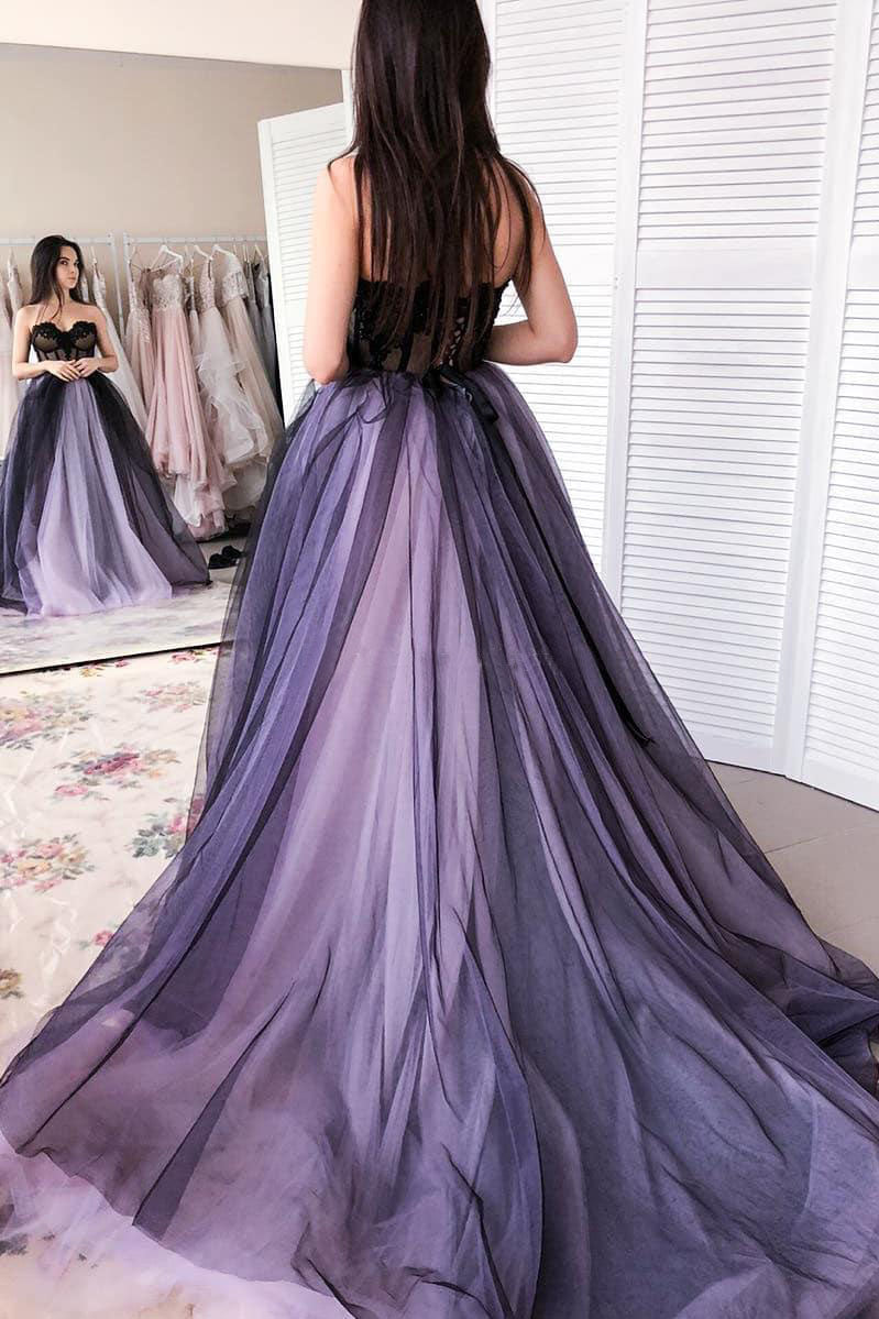 A Line Tulle Sweetheart Appliqued Prom Dresses with Beads N1601