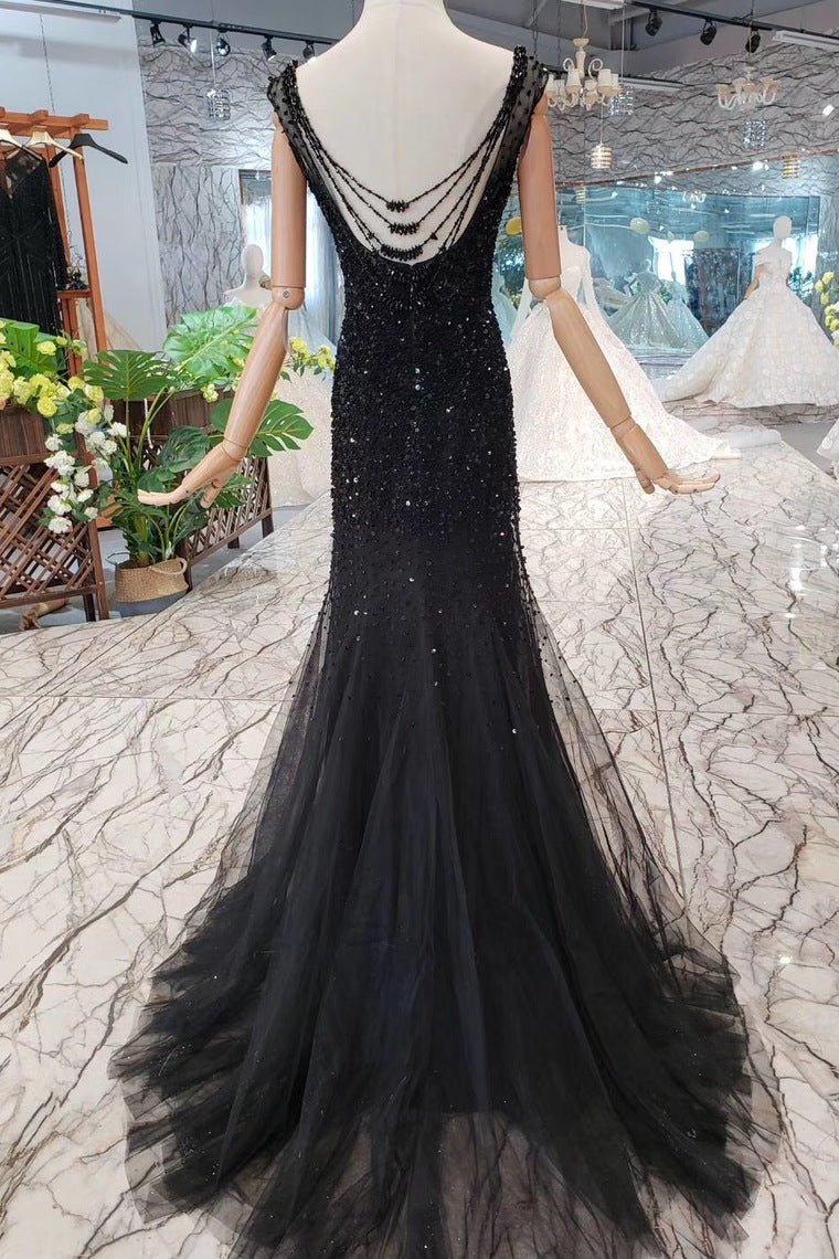 Black Mermaid Tulle Prom Dresses with Sequins Sparkly Sleeveless Evening Dresses N1645