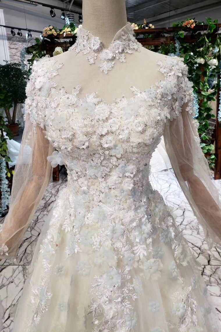 A Line High Neck Wedding Dresses with Flowers Long Sleeves Bridal Dresses N1650