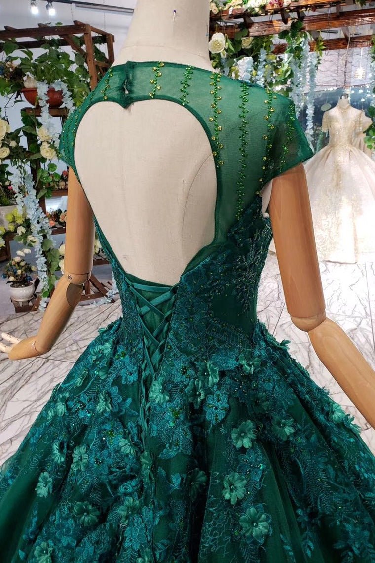 Dark Green Floral Appliques Ball Gown Quinceanera Prom Dresses With Beads