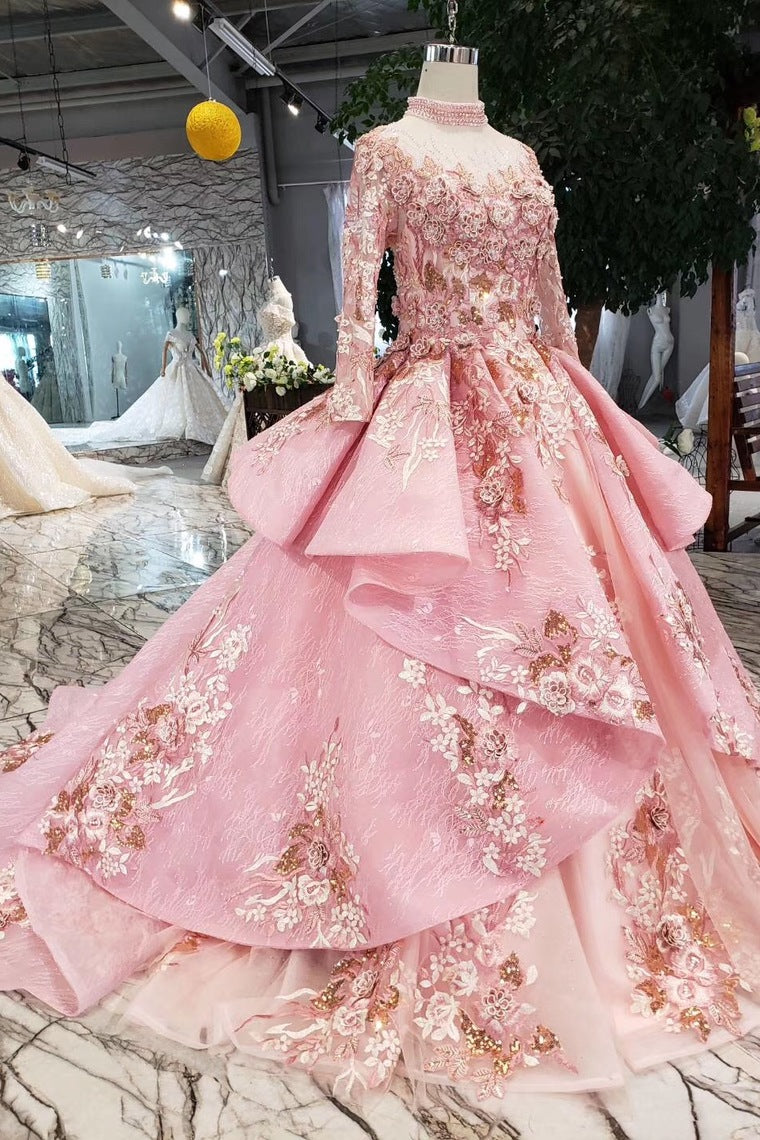 Pink New Prom Dresses Long Sleeves Ball Gown With Applique&Beads Quinceanera Dresses N1641