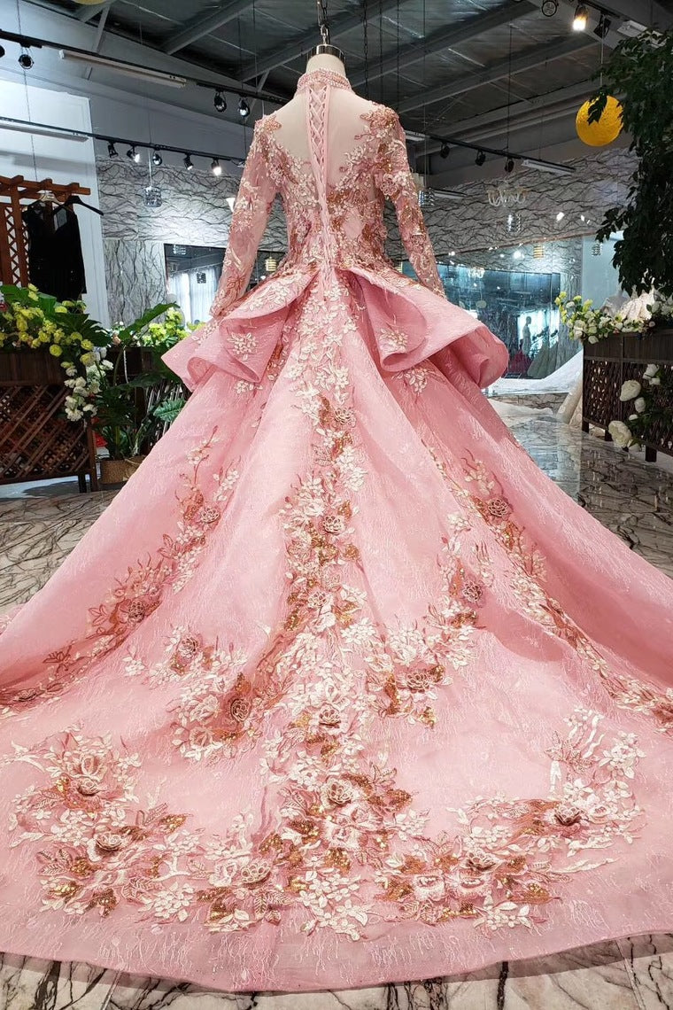 Pink New Prom Dresses Long Sleeves Ball Gown With Applique&Beads Quinceanera Dresses N1641