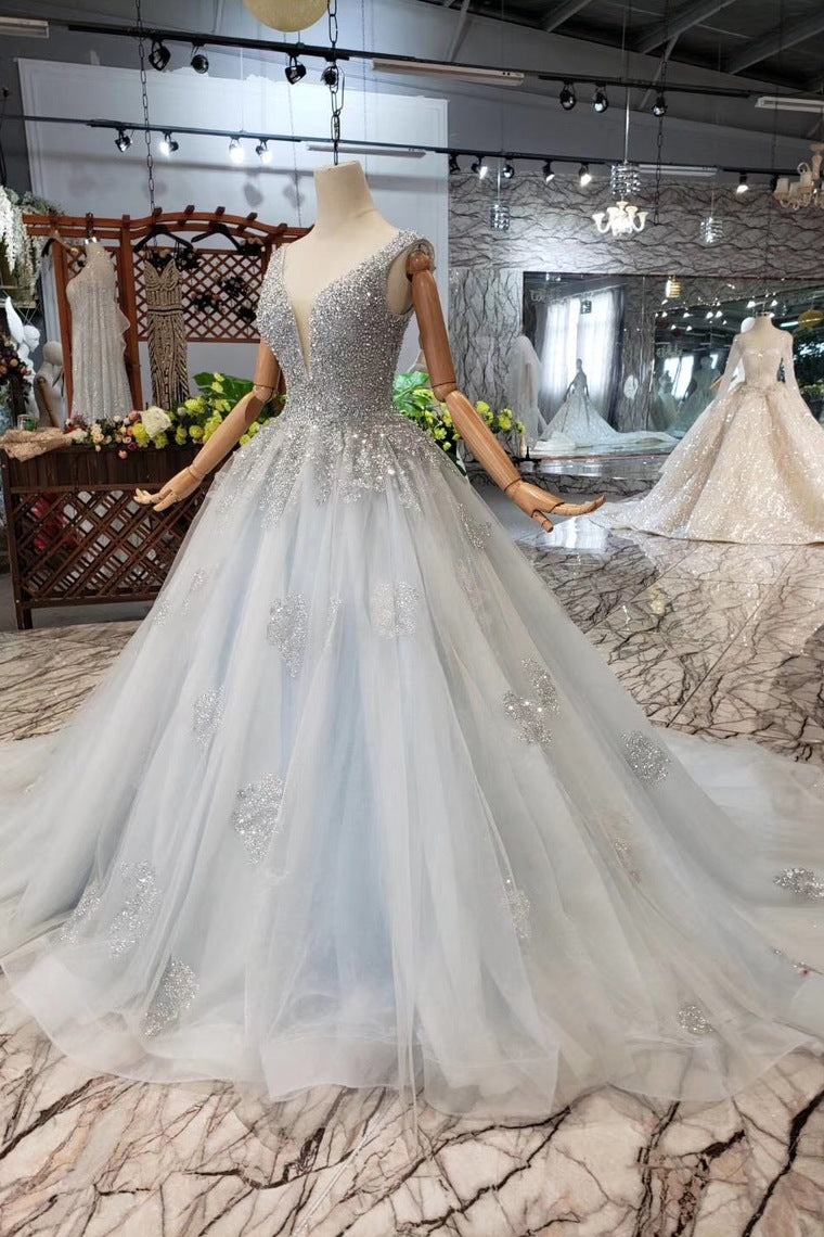 Ball Gown Deep V Neck Sleeveless Tulle Wedding Dress with Beading Prom Dress N1671