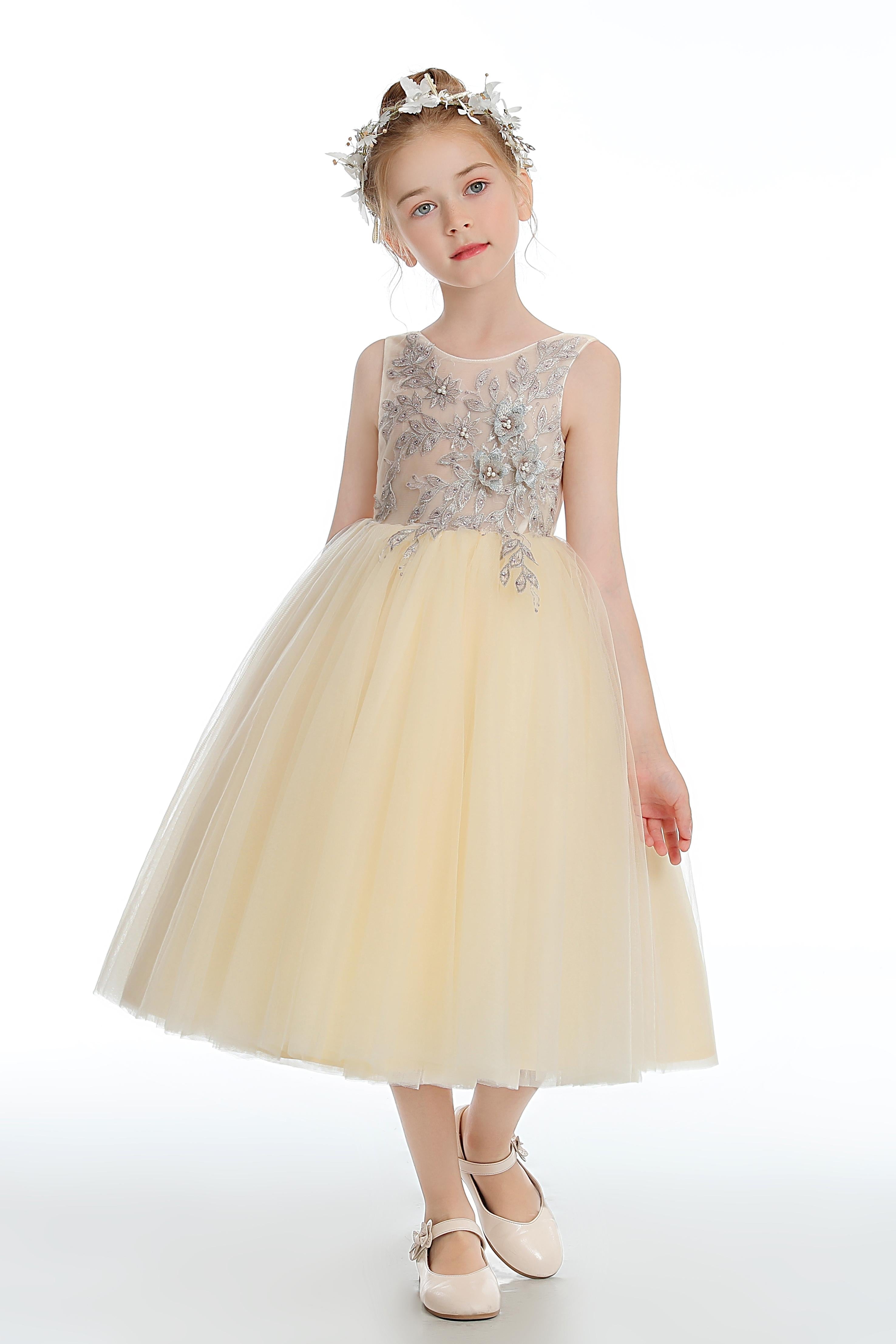 Daffodil Sleeveless V Back Tulle Appliques Flower Girl Dress