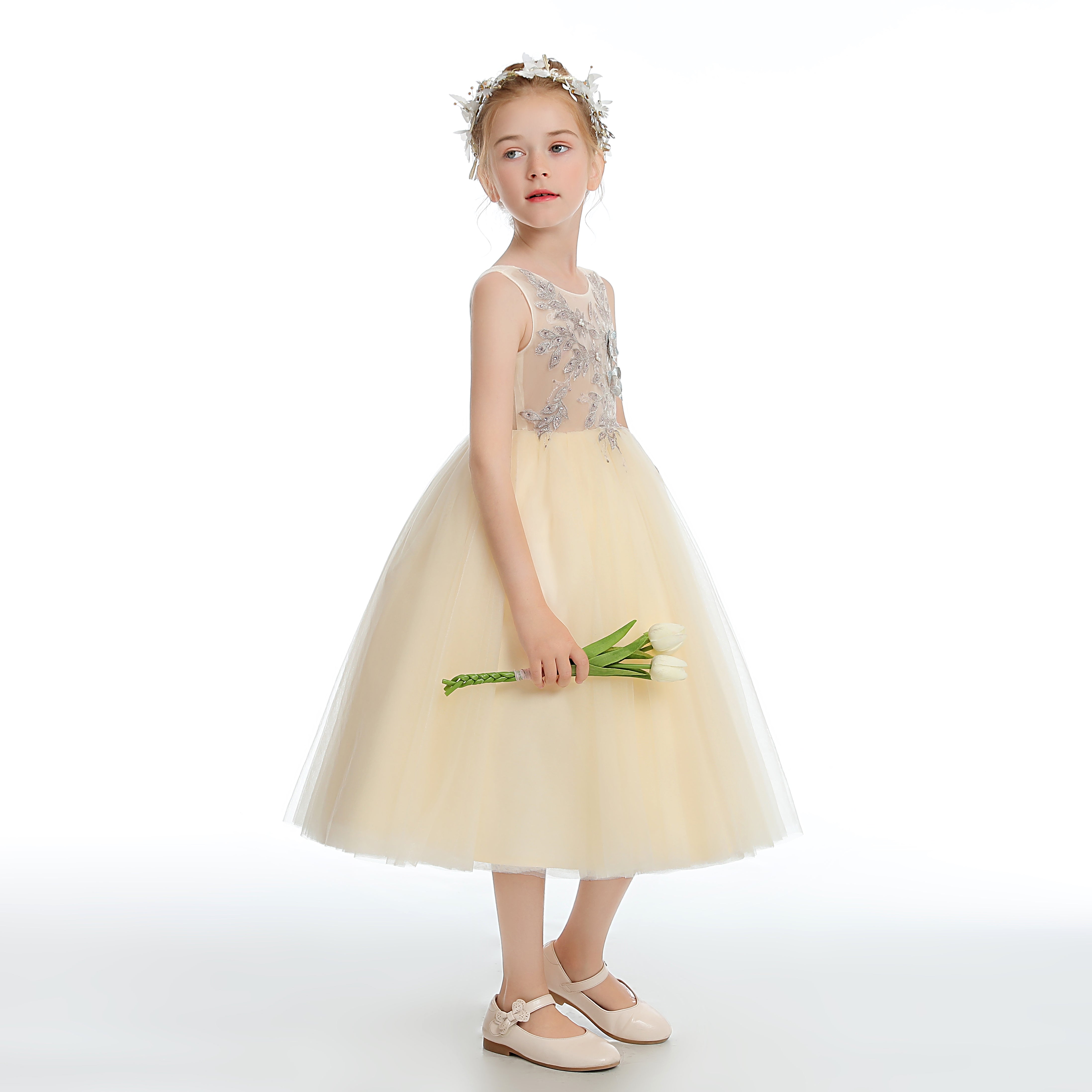 Daffodil Sleeveless V Back Tulle Appliques Flower Girl Dress