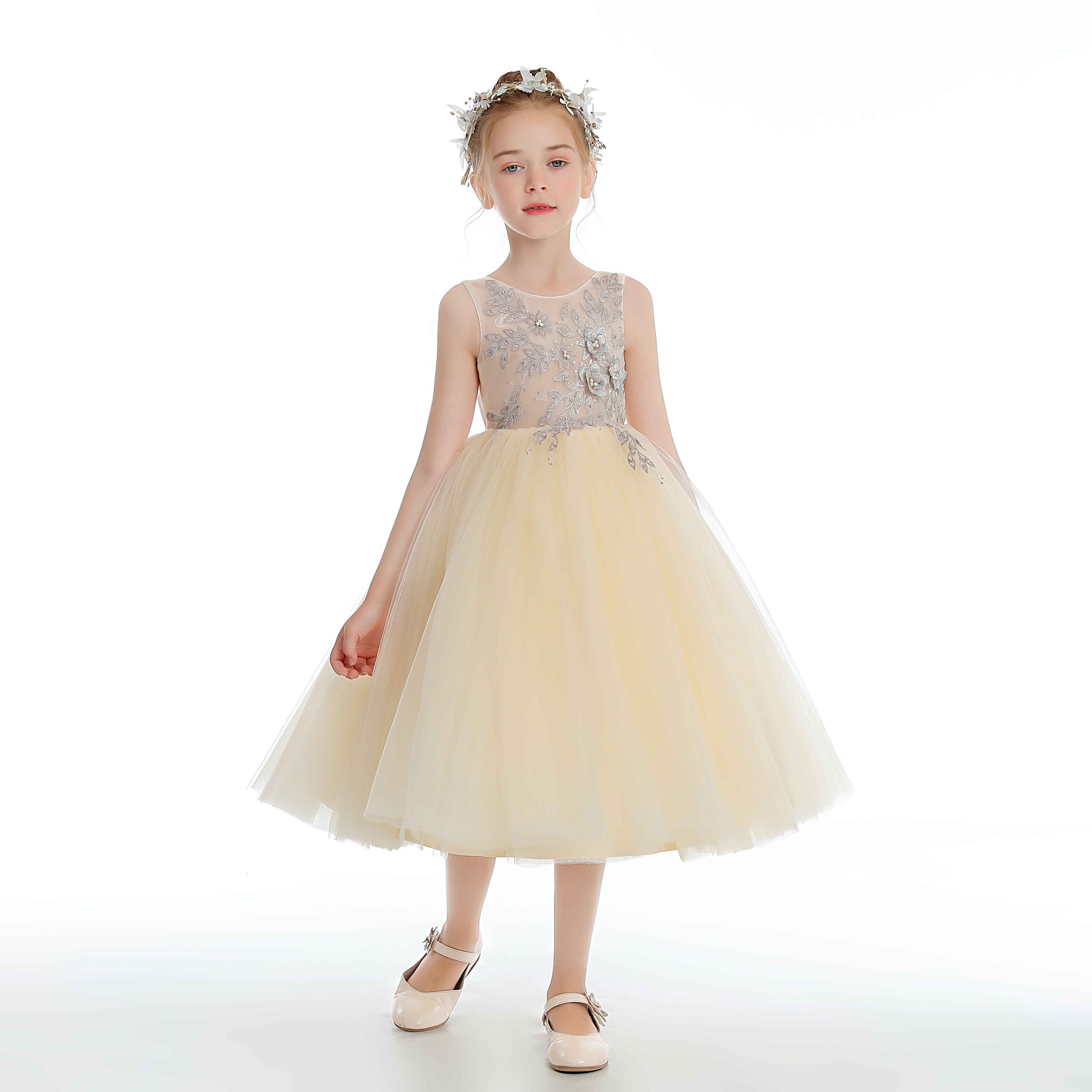 Daffodil Sleeveless V Back Tulle Appliques Flower Girl Dress