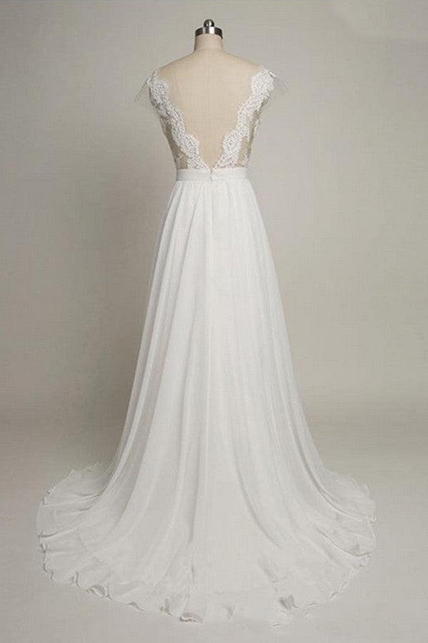 Sweetheart Cap Sleeves Long Lace Chiffon Wedding Dresses N028