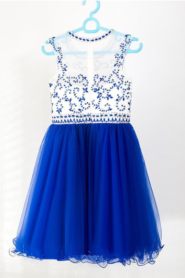 Royal Blue Tulle Sleeveless Beaded Homecoming Dresses ED68