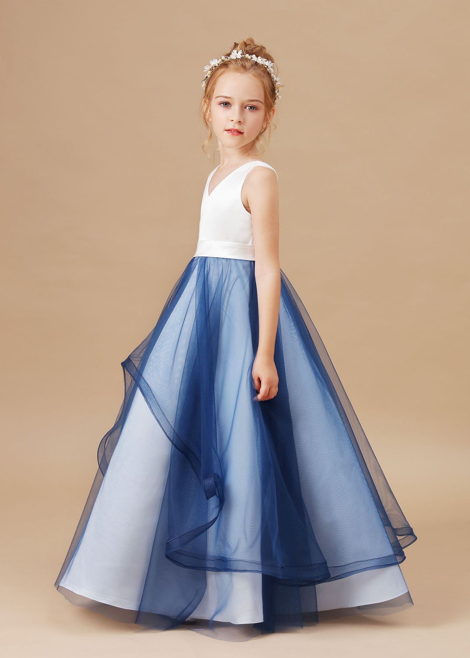 Sweetheart Trumpet SLeeveless V-Neck Tulle Stain Flower Girl Dresses