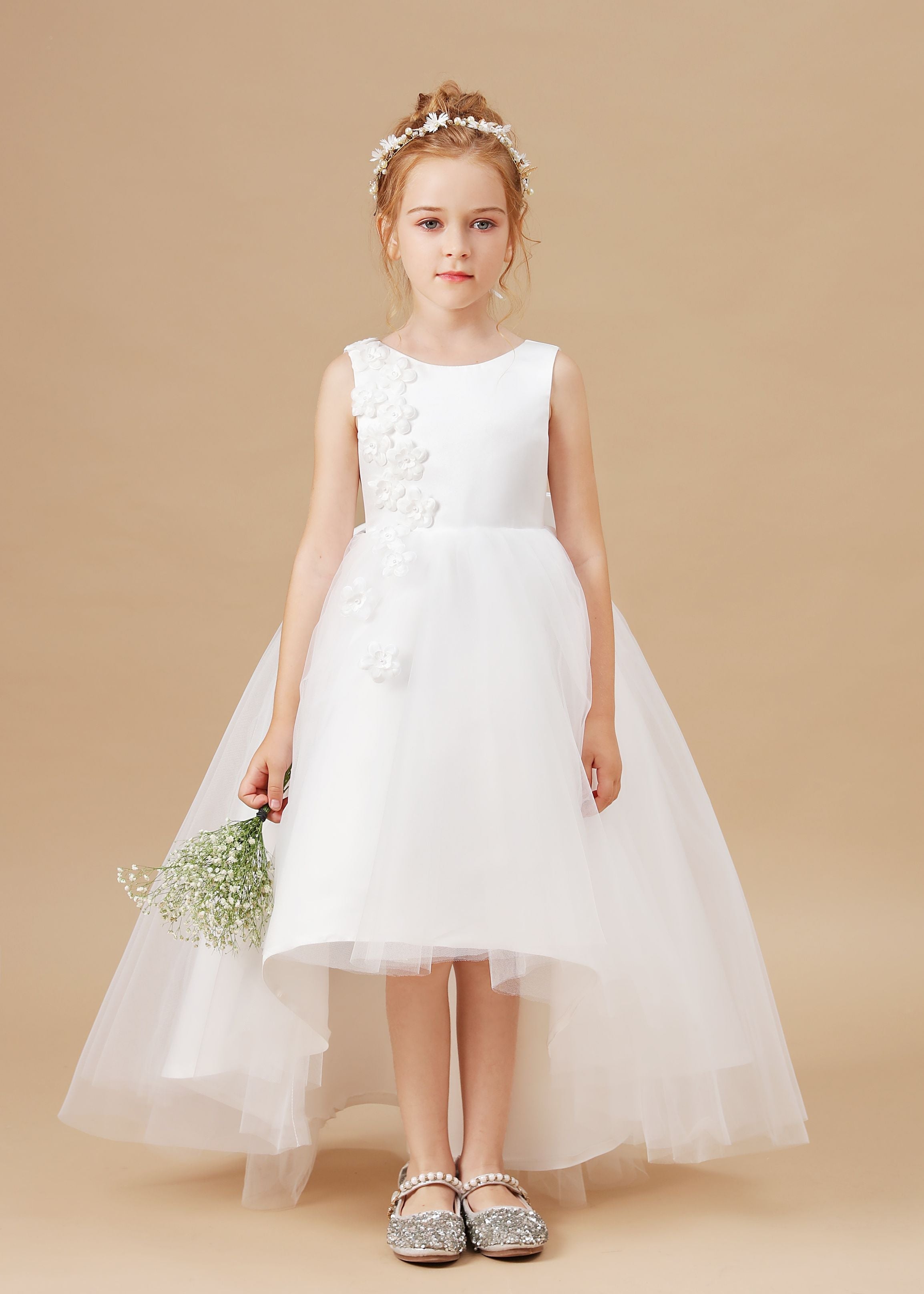 Chic High Low Sleeveless Applique Tulle Stain Flower Girl Dresses With Bownet