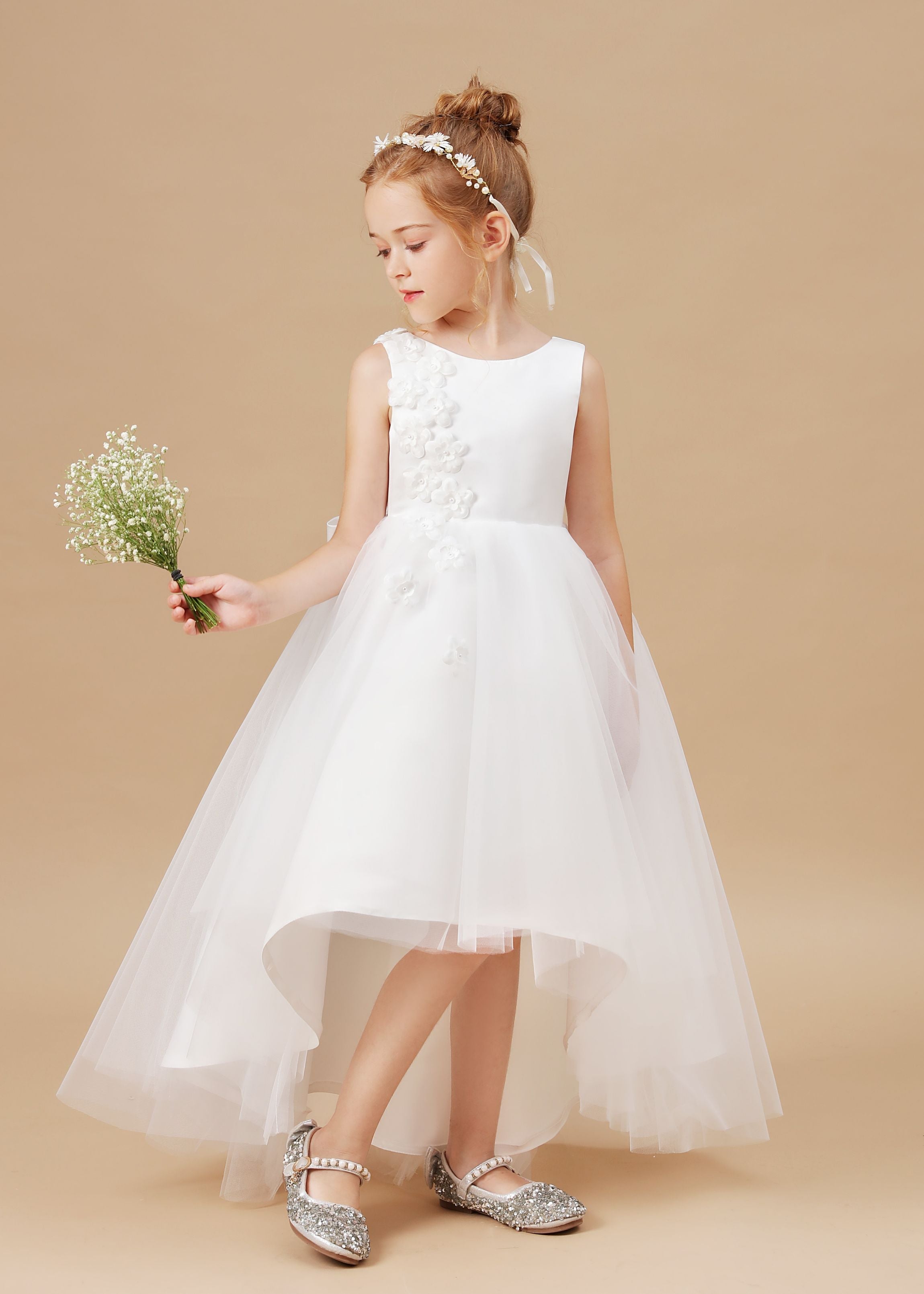 Chic High Low Sleeveless Applique Tulle Stain Flower Girl Dresses With Bownet