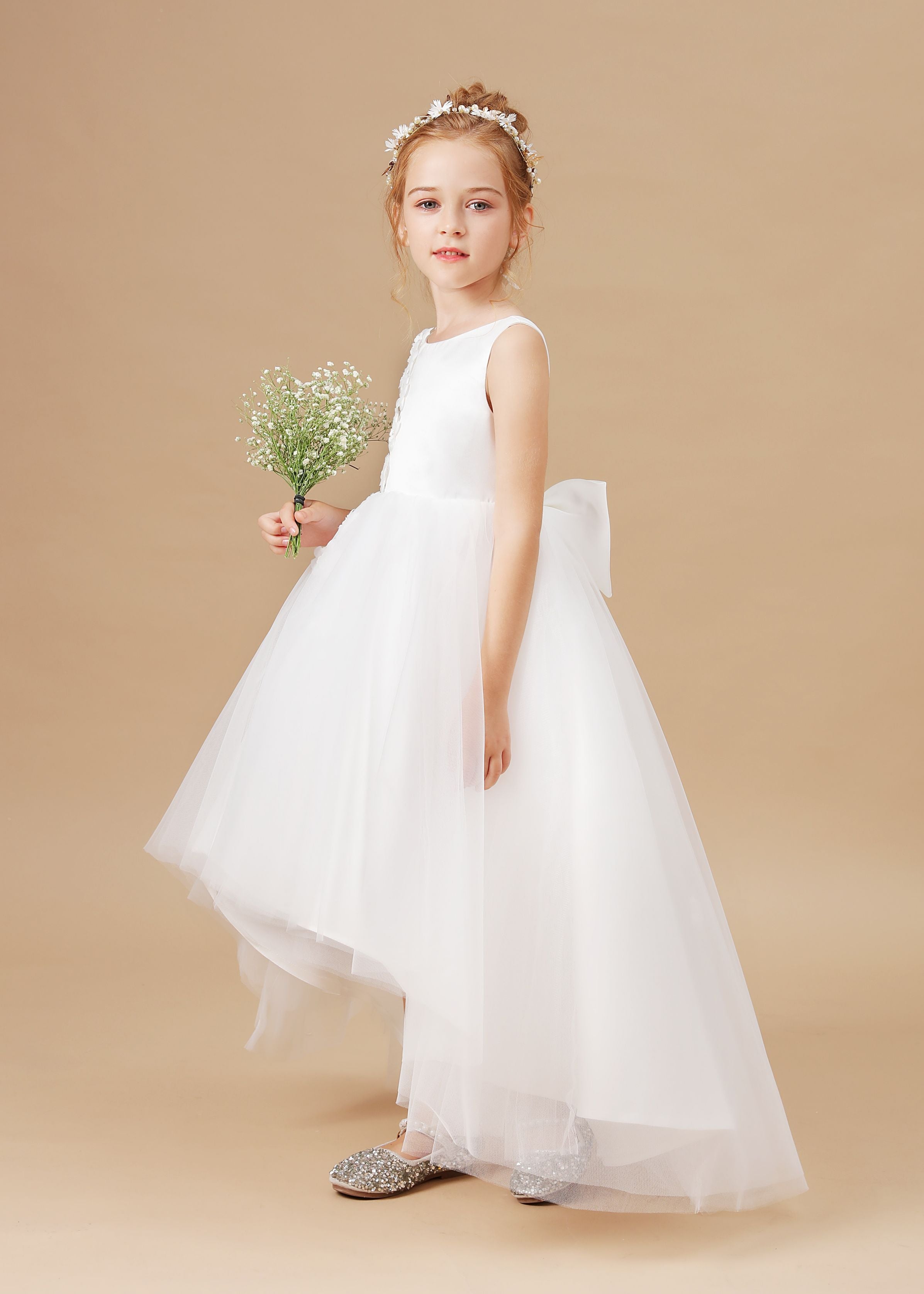 Chic High Low Sleeveless Applique Tulle Stain Flower Girl Dresses With Bownet