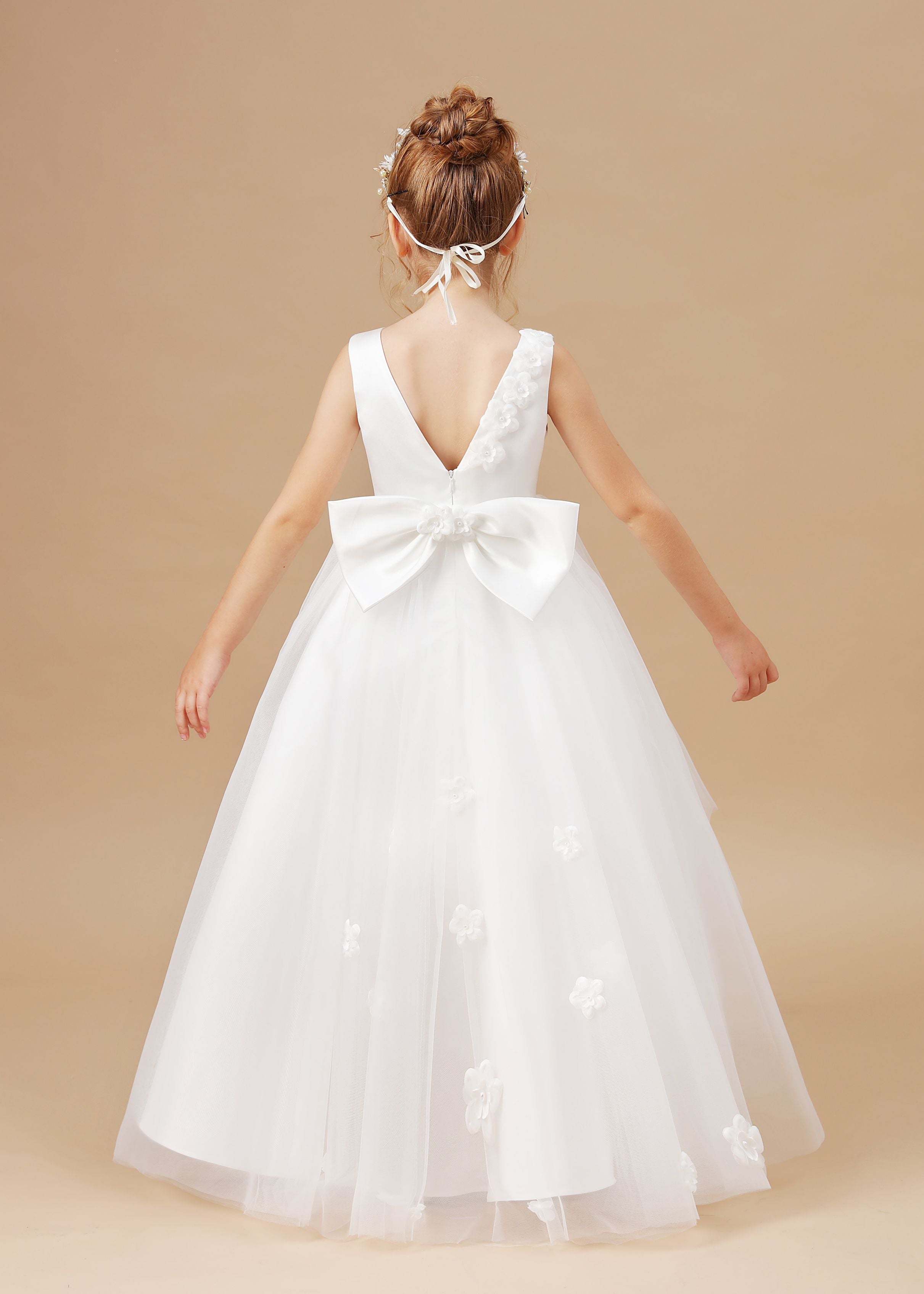 Chic High Low Sleeveless Applique Tulle Stain Flower Girl Dresses With Bownet