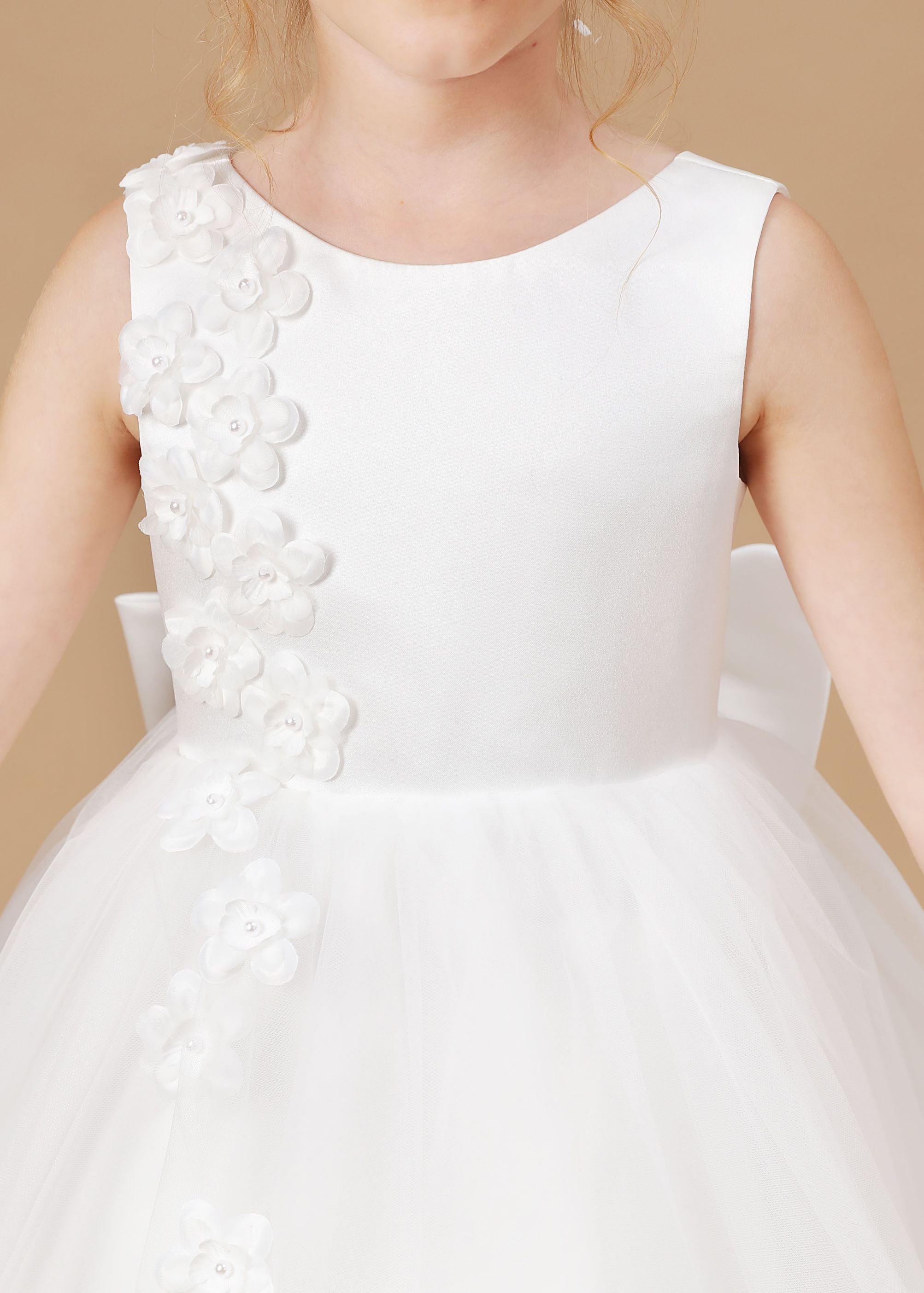 Chic High Low Sleeveless Applique Tulle Stain Flower Girl Dresses With Bownet